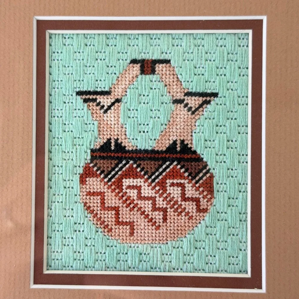 Vintage Needlepoint Framed Southwestern Navajo Pottery Gallery Wall Hanging 8x9